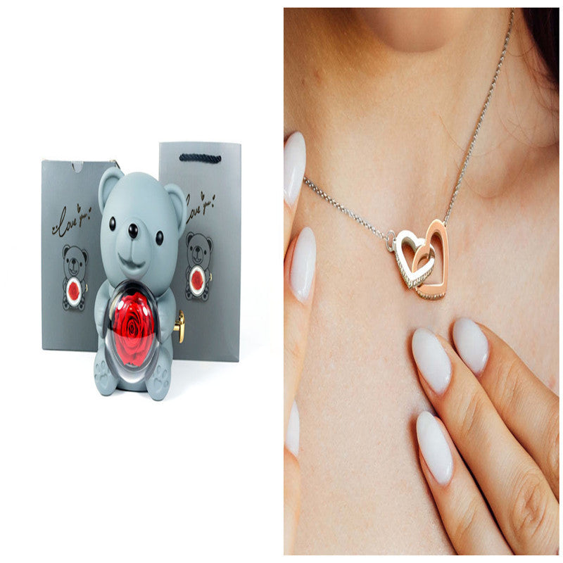 Eternal Rose Teddy Bear Gifts Box With Necklace
