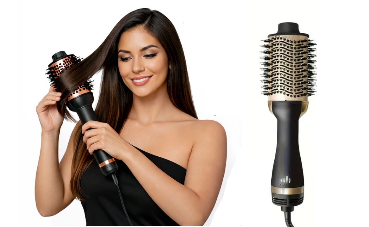 Woman using a hair styling tool on her hair with another tool displayed next to her.